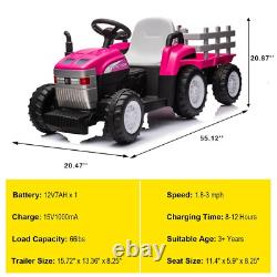 12V Ride on Tractor with Trailer Electric Car Vehicle Toy with Remote Control Pink