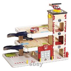 Le Toy Van Wooden 3 Storey Fire & Rescue Garage Toy Car Play Set, Vehicle Rol