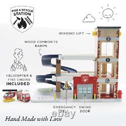 Le Toy Van Wooden 3 Storey Fire & Rescue Garage Toy Car Play Set, Vehicle Rol