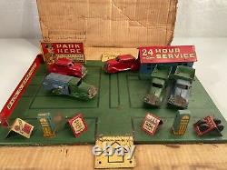Rare 1930's Marx Toys Pressed Steel Parking Lot Playset in Box, 5 Cars & Trucks