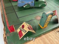 Rare 1930's Marx Toys Pressed Steel Parking Lot Playset in Box, 5 Cars & Trucks