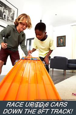 Toy Car Track Set with Lights, Sounds & 6 164 Scale Vehicles, Super 6-Lane Rac