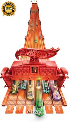 Toy Car Track Set with Lights, Sounds & 6 164 Scale Vehicles, Super 6-Lane Race