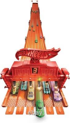 Toy Car Track Set with Lights, Sounds & 6 164 Scale Vehicles, Super 6-Lane Race