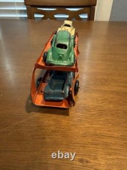 VINTAGE LARGE ARCADE CAST IRON CAR CARRIER / HAULER with 4 ARCADE VEHICLES