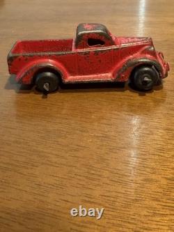 VINTAGE LARGE ARCADE CAST IRON CAR CARRIER / HAULER with 4 ARCADE VEHICLES