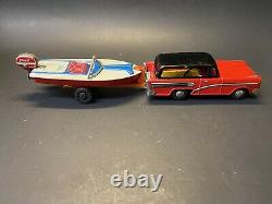 Vintage RARE NOS 1950s Haji Station Wagon with Boat Trailer Tin Toy Car with Box