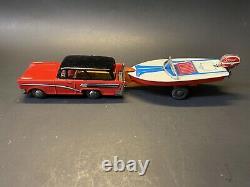 Vintage RARE NOS 1950s Haji Station Wagon with Boat Trailer Tin Toy Car with Box
