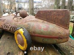 Vtg. 1950s Japan Yonezawa Atom Racer Tin Friction Race Car Rusty Gold