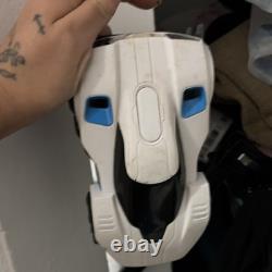 White & Blue Toy Car Vehicle with Black Windows, Battery Compartment on Bottom